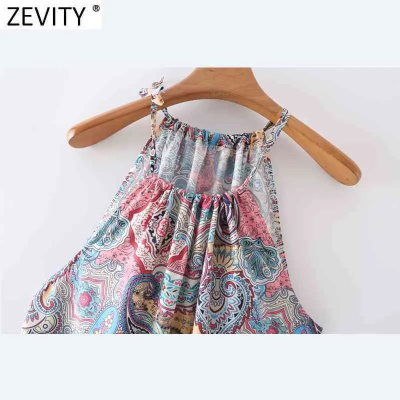 ZEVITY Kadınlar Vintage Totem Kaju Fındık Çiçek Baskı Halter Mini Elbise Kadın Chic Bohemian Vestidos Gündelik Giyim DS8322 210419