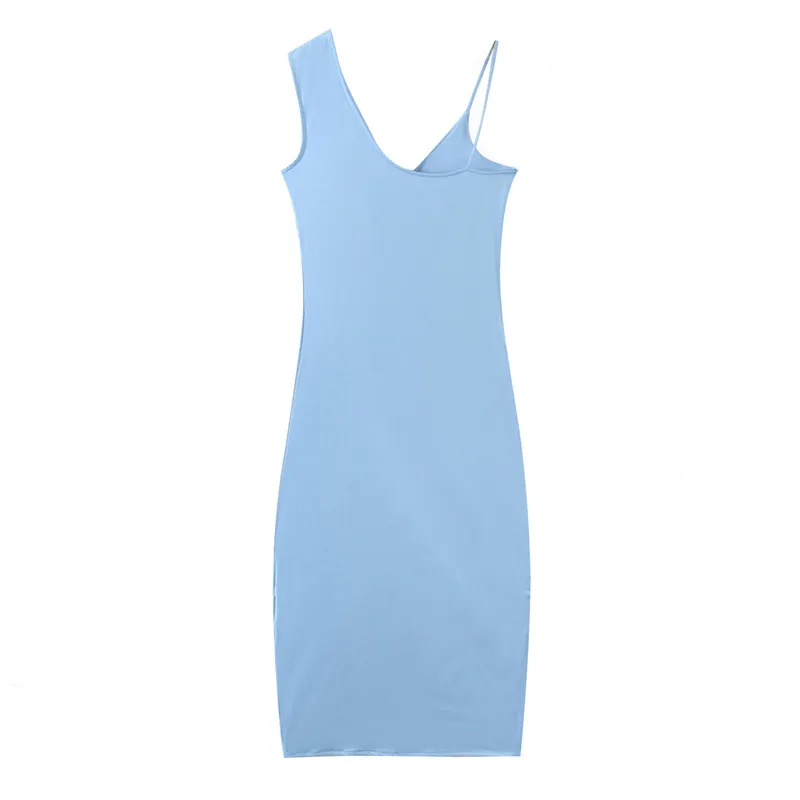 Moda Blue Draw String Midi Sukienka Kobiety Lato V Neck One-Ramię Kobieta ES Asymetryczna strona Split wakacje 210430