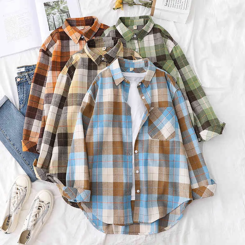 HSA Women Blouses Office Lady Cotton Oversize Shiers Plaid Tops Blue Long Sleeve Spring Summer Korean Fashion Shirts 210417