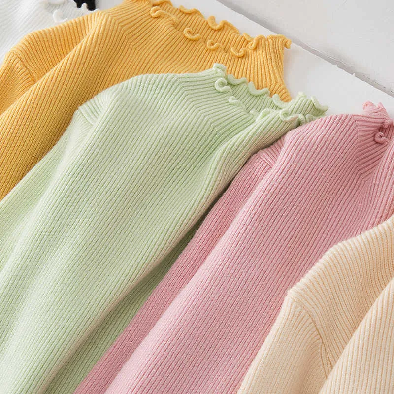 Girls' Sweater 2021 Autumn Winter New Fashion Knitted Warm Clothes Girls Solid Color Pullover Children Bottom Shirt Underwear Y1024