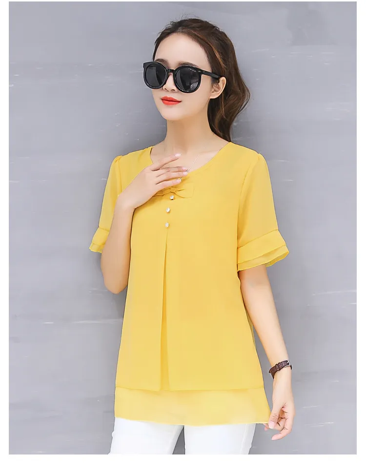 Shirts Plus Size 3XL 4XL Female Cute Bow Tops Summer Women Chiffon Blouse Short Sleeve Blouses O-neck 4832 50 210417