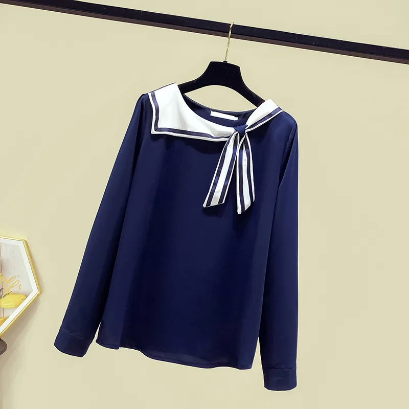 Kobieta Koszule Jesień Damska Paski Sailor Bow Collar Długie Rękawe Dziewczyn Uczniowie Topy Damskie Bluzki A3822 210428