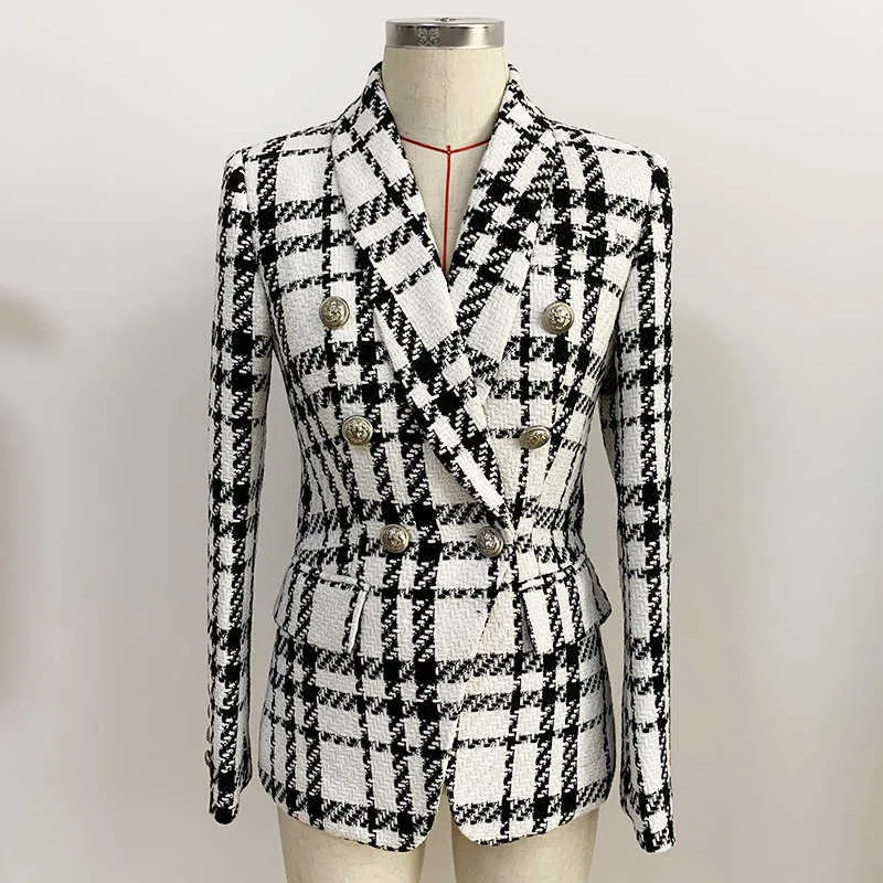 High Street Est designer blazer jaqueta feminina colar de xaile double breasted leão botões xadrez tweed 210930