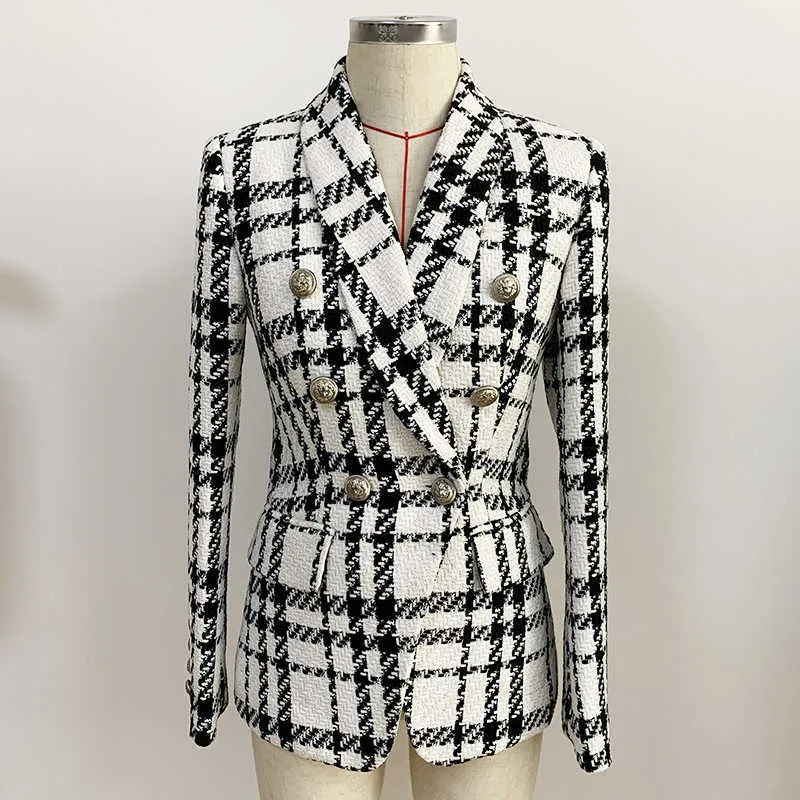 High Street Est Designer Blazer Jas Dames Sjaal Kraag Double Breasted Lion Buttons Plaid Tweed 210930