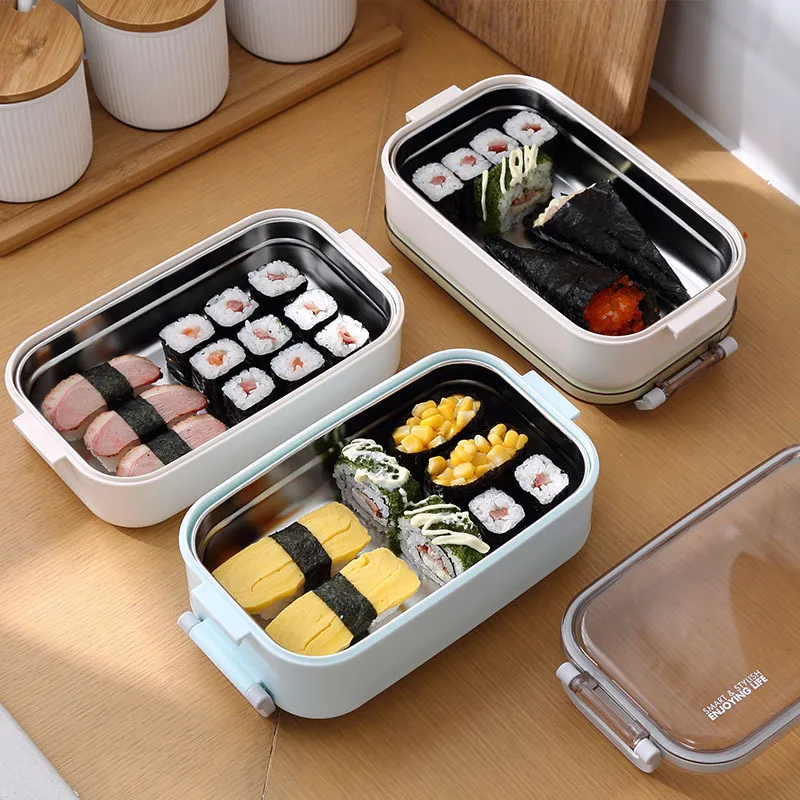Lunchlåda läckertät dubbelskikt Bento miljövänligt matbehållare rostfritt stål för barnskola picknick mikrovågsugn 210423