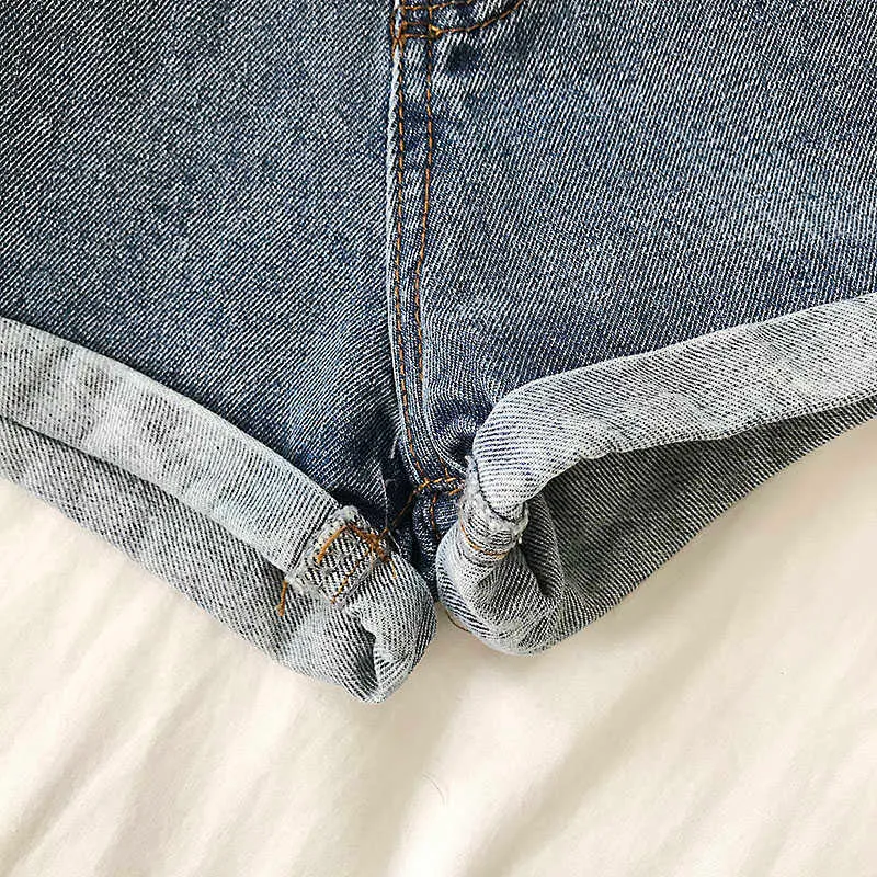 Säumende Denim-Minishorts für Damen, Sommer, einfach, vielseitig, hohe Taille, weites Bein, Jeans mit Gürtel, Femme 210719