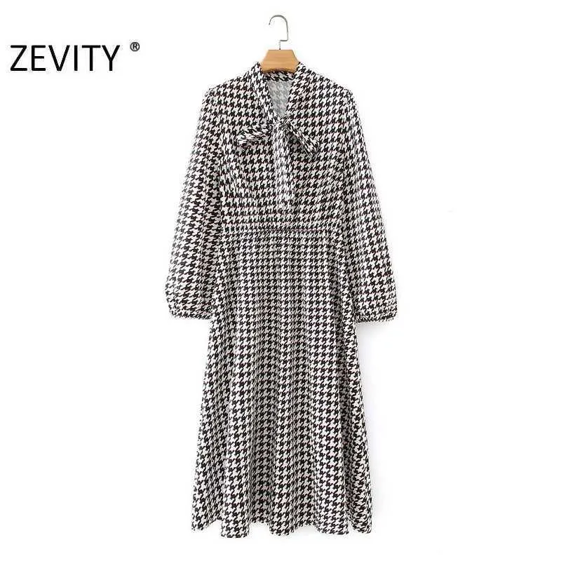 Zevity Autumn Women Vintage Houndstooth Plaid Print Shirt Dress Ladies Chic Bow Clothing Långärmad Business Vestido DS4547 210603
