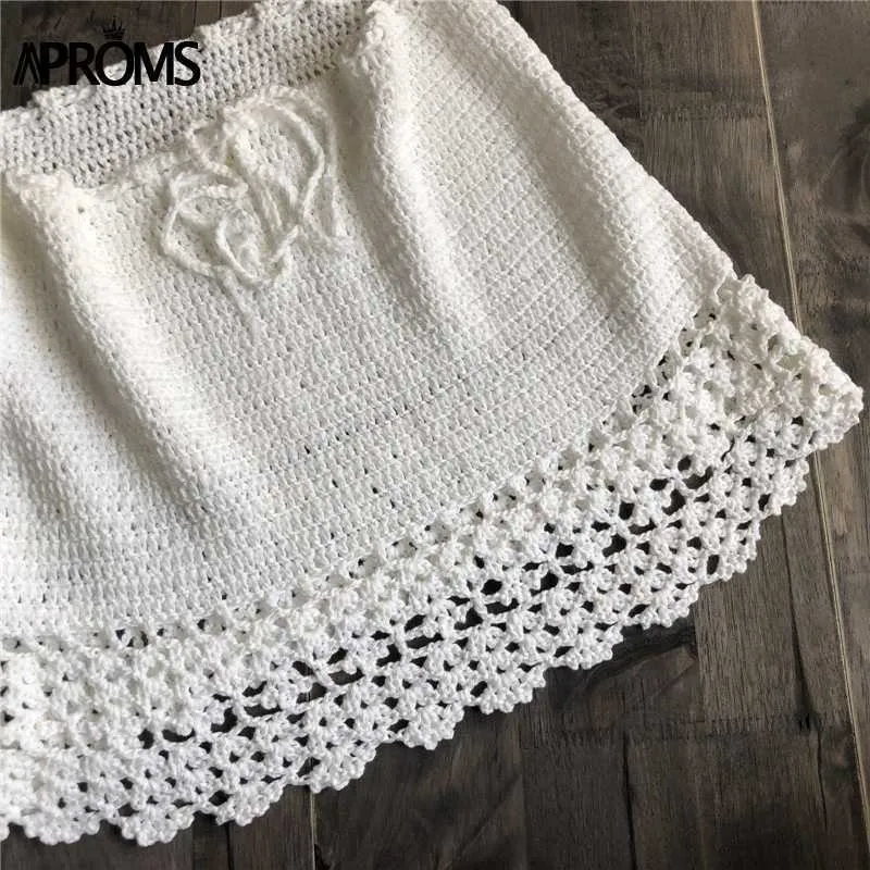 Aproms élégant fait à la main coton Crochet Mini jupe été taille haute noeud papillon jupe dames plage Bikini bas Saias 210621