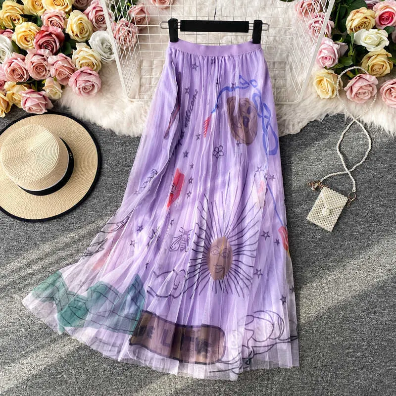 OCEANLOVE High Waist Skirts Women Print Mesh A-line All Match Mujer Faldas Korean Vintage Fashion Long Skirt Clothing 17449 210629