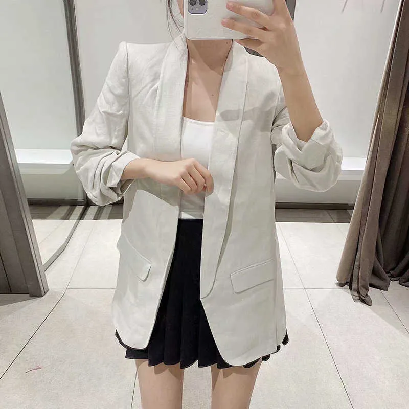 Aachoae Kobiety Office Wear Blazer Płaszcz Notched Collar Casual Kieszenie Garnitur Blazers Solidna Plisowane Rękaw Chic Znosić Bluzki 210930