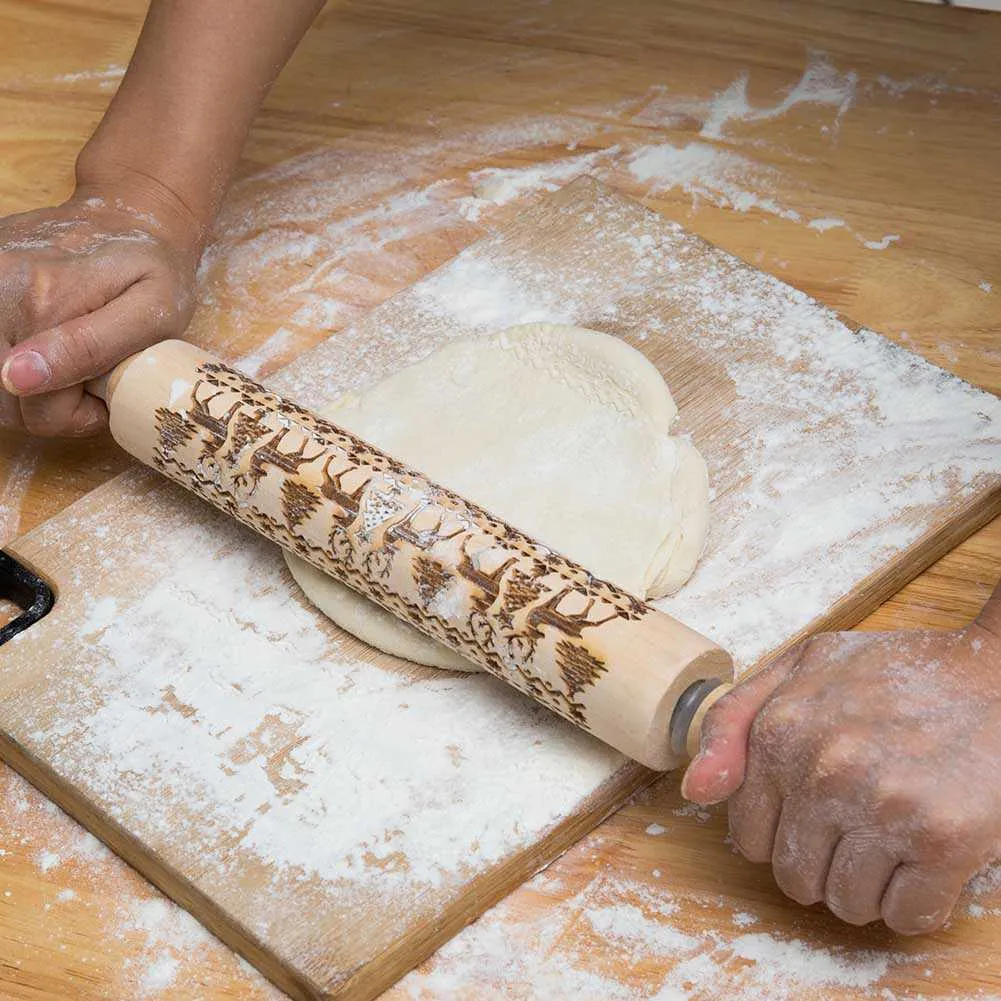 Christmas Rolling Pin Engraved Carved Wood Embossed Rolling Pin Kitchen Tool SEC88 211008