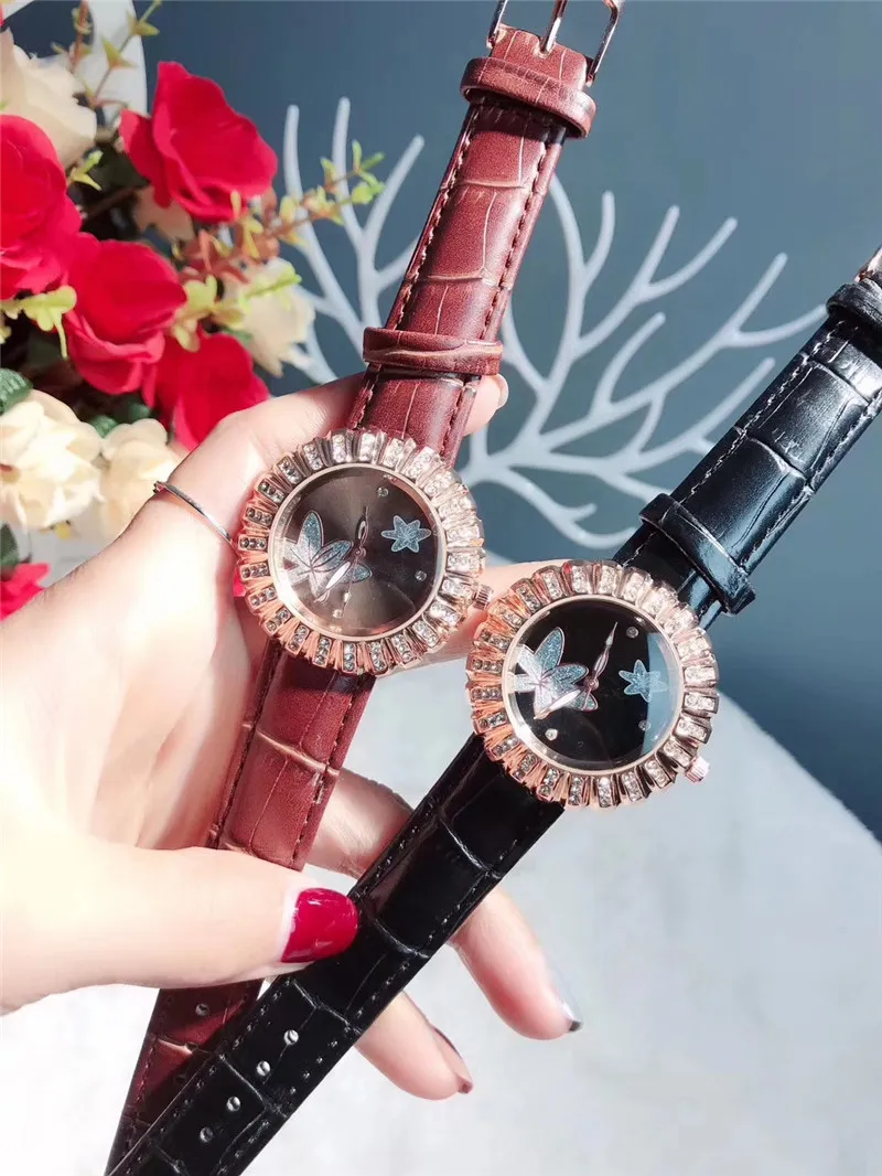 Fashion Brand Watches Women Lady girl Crystal flower style Leather strap quartz wrist Watch CHA28