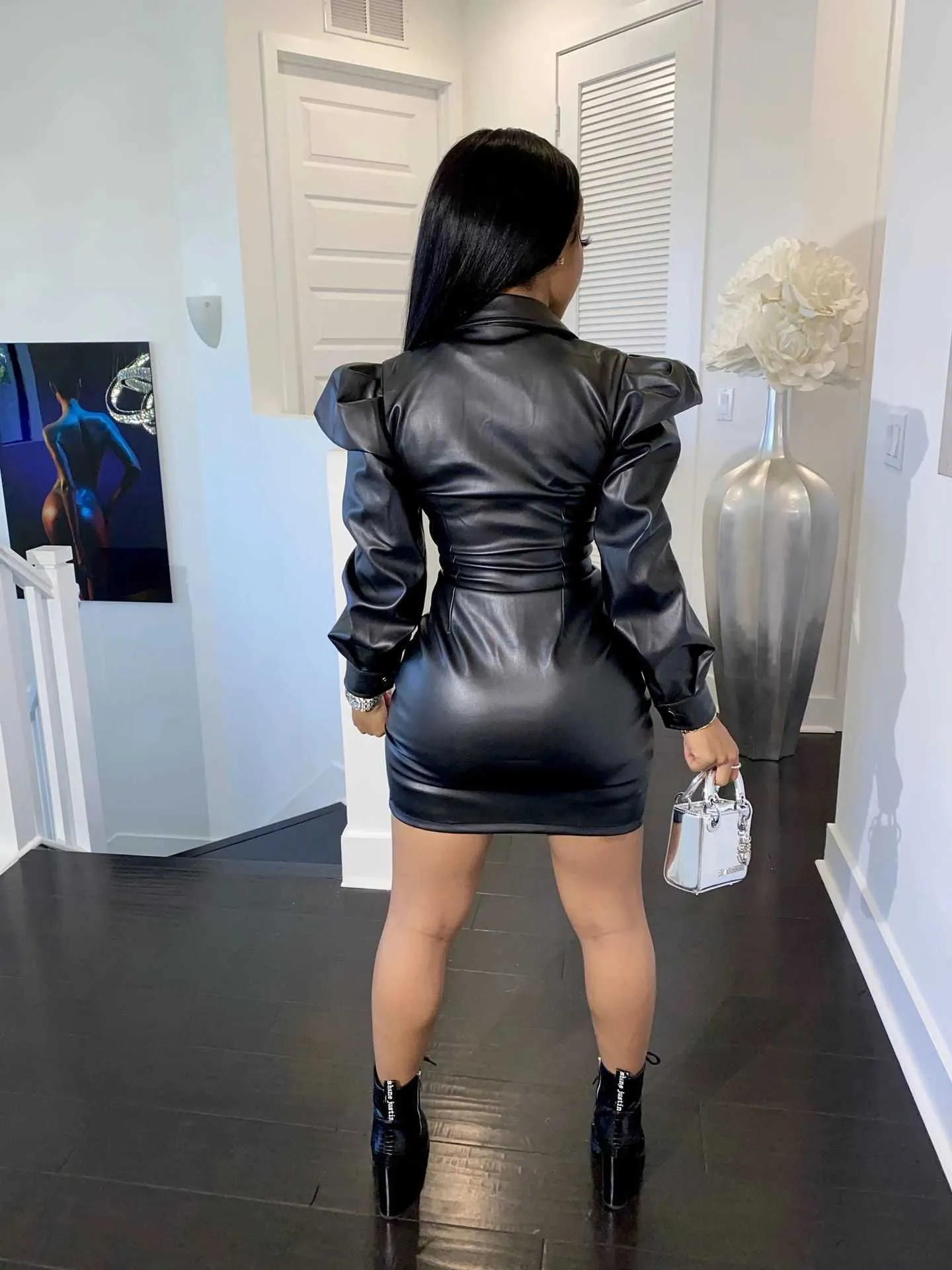 Puff Long Sleeve Faux PU Leather Jacket Dress Women Solid Pleated Mini Sexy Dress Female Bodycon Single-breasted Ruched Dresses 210709