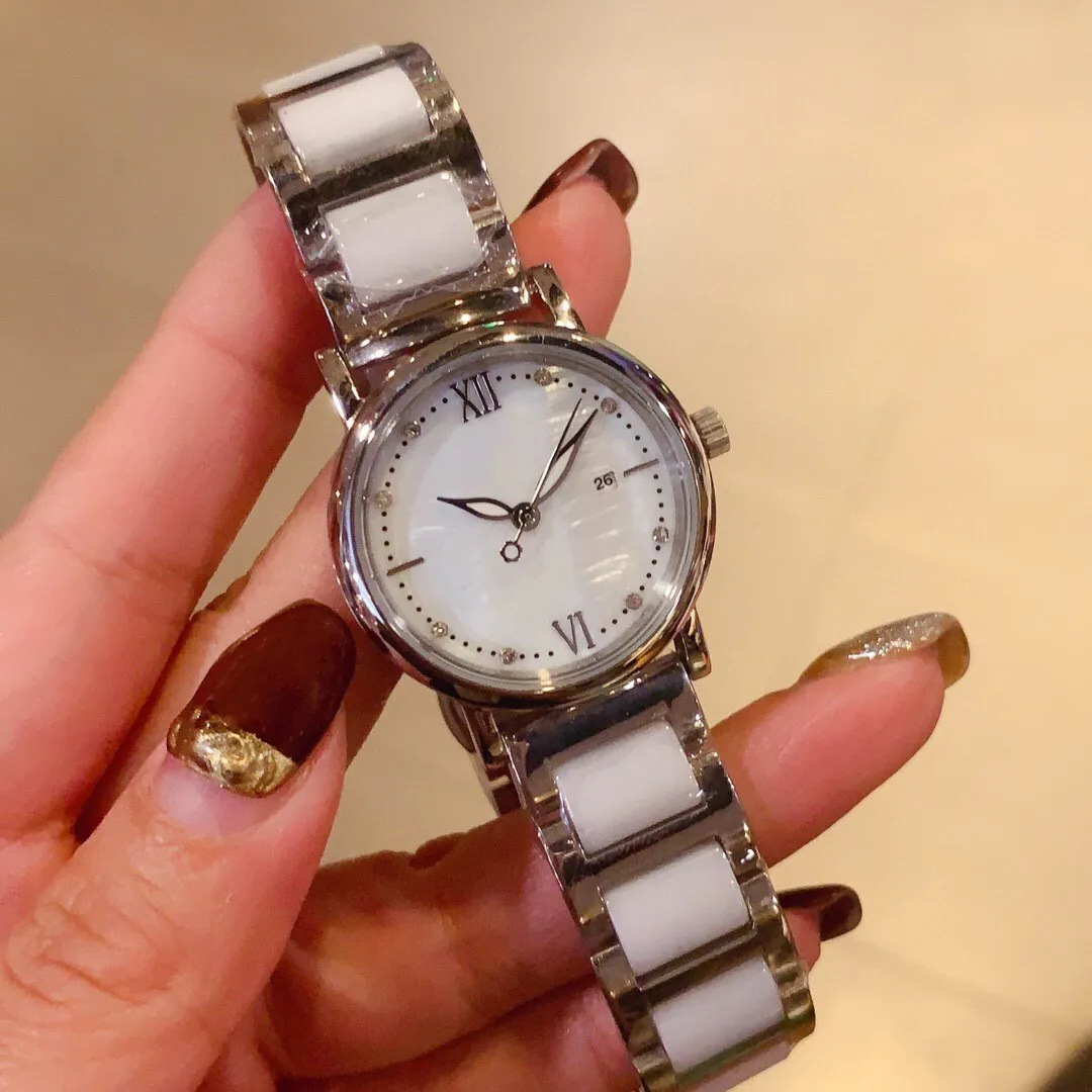 여성 스테인레스 스틸 세라믹 손목 시계 펄 쉘 시계의 기하학적 어머니 라인 석 쿼츠 팔찌 30mm 시계