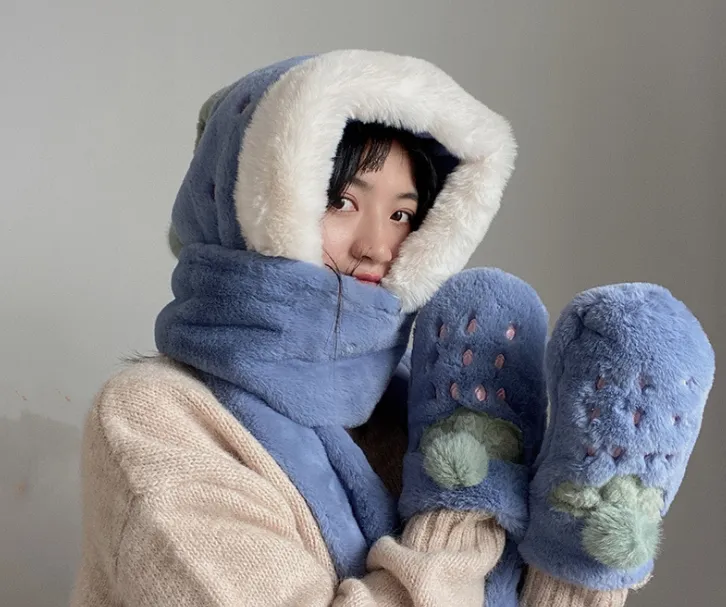 Winter Plus Fluffy Thick Fluffy Girls Hat Sciarpa Guanti Tre pezzi Berretto alla moda caldo e dolce