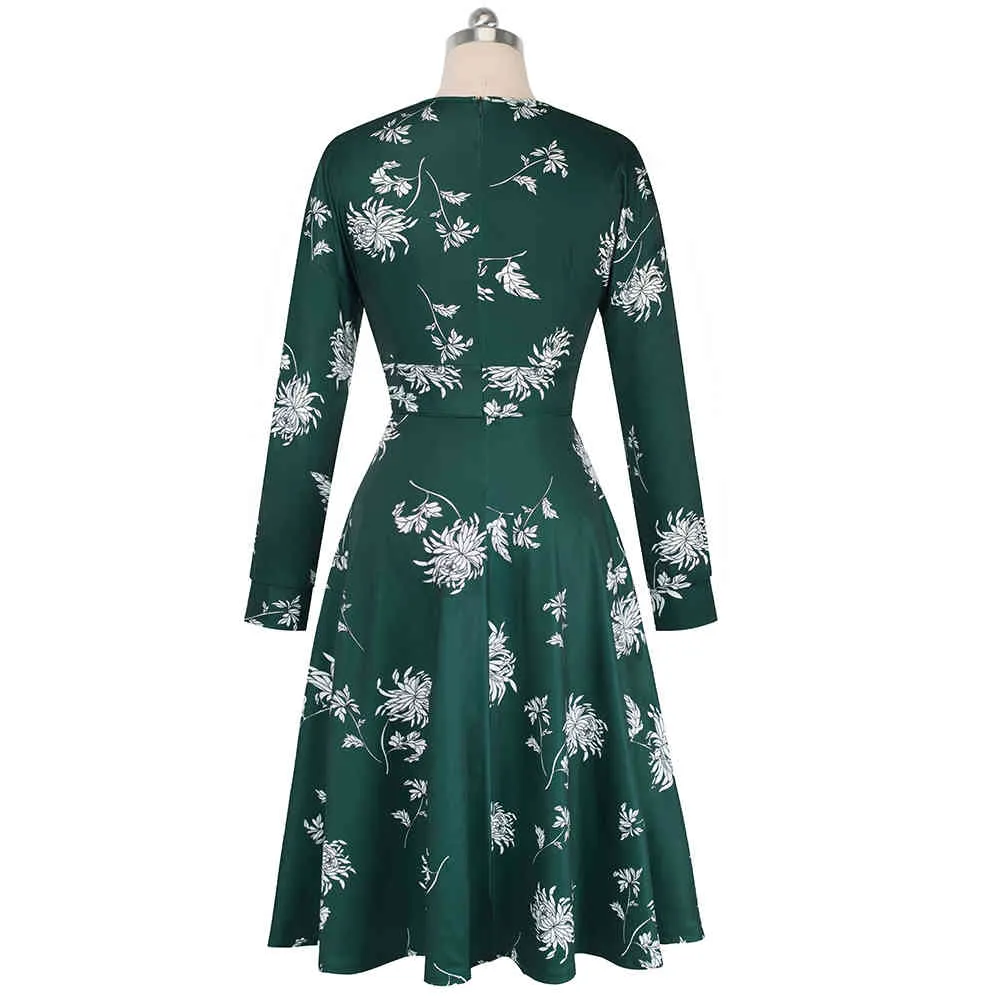 Nice-Forever Vintage Élégant Imprimé Floral Plissé Col Rond Robes A-Line Pinup Business Party Femmes Flare Swing Robe A102 210409