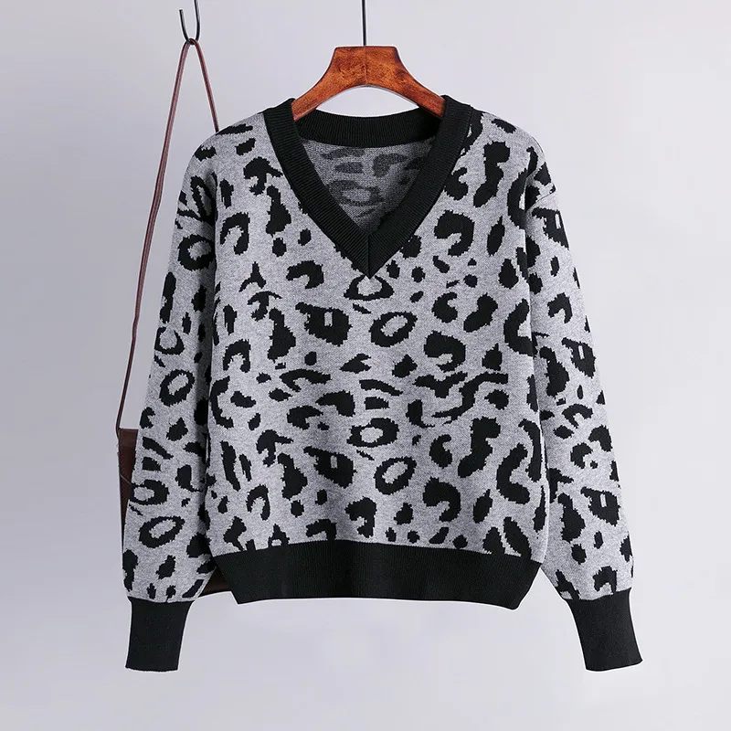 Ретро леопард вязаный свитер Женщины Свободные моды V шеи с длинным рукавом пуловера осенью зима теплая эластичная повседневная джемпер 210419