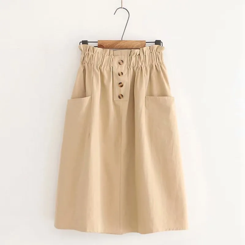 Printemps femmes jupes taille élastique Vintage coréen ample une ligne coton jupe mi-longue simple boutonnage solide jupe Faldas 9905 210518