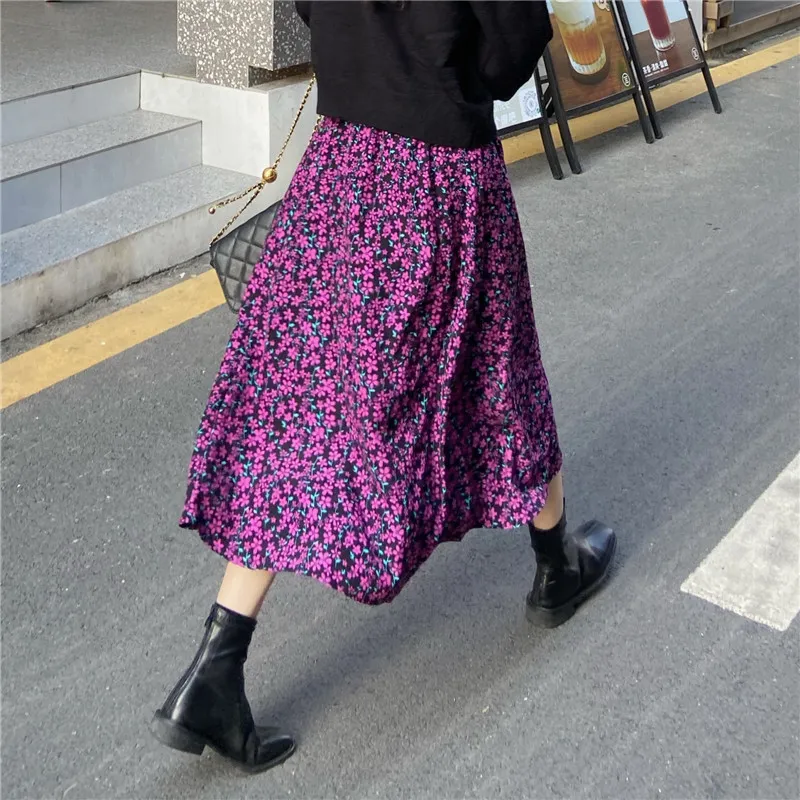 Spring Vintage Floral Print Ruffle Pleated Long Skirts Women Korean Skirt Streetwear Drawstring Elastic Waist Midi Skirt 210331
