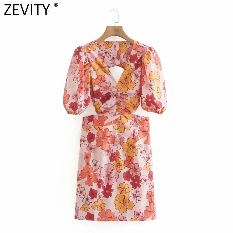 Zevity Summer Women Tropical Floral Print Puff Sleeve Slim Mini Dress Kobieta Backless Bow Wiązany Chic Boho Beach Vestidos DS8327 210419