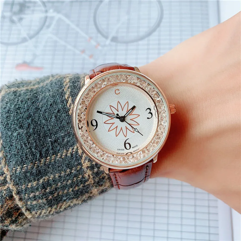 Relógios de marca femininos menina cristal flor estilo pulseira de couro relógio de pulso de quartzo CHA19223r
