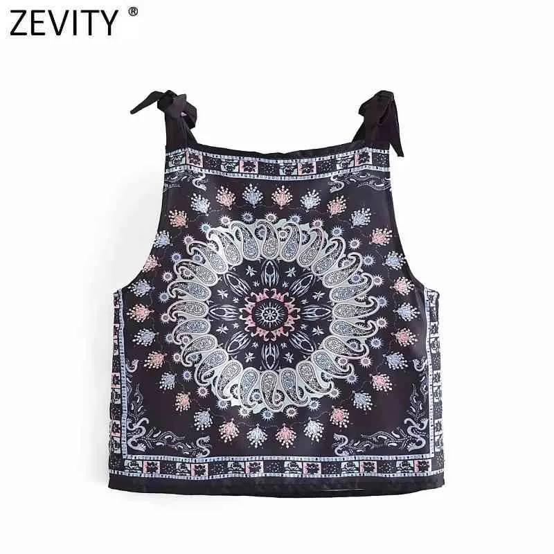 Femmes Inde Folk Position Totem Floral Print Chic Sling Camis Tank Dames Summer Bowknot Strap Vest Crop Tops LS9263 210416