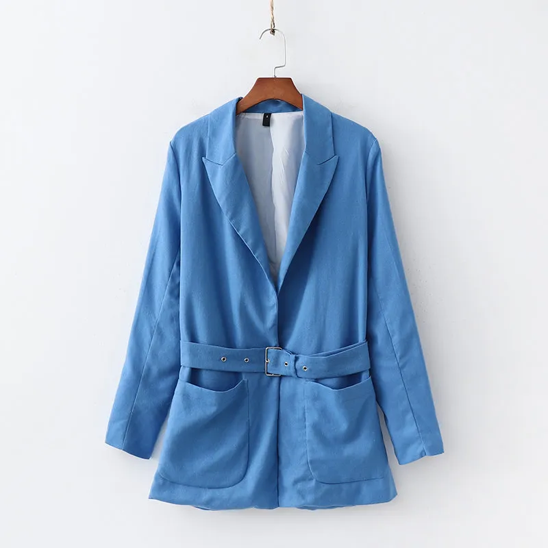 Elegante Frauen Sets Chic Blau Plissee Hohe Taille Hosen Stilvolle Blazer Mantel mit Gürtel Casual Weibliche Anzüge Za Mode 210520