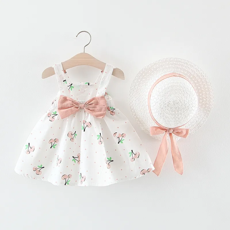 Baby meisjes jurk zomer kinderen mouwloze print bloemen verjaardagsfeestje prinses met hoed 2 stks peuter kleding 210429
