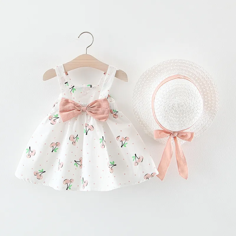 Neonate Dress Dress Summer Bambini Senza maniche Stampa Floral Birthday Party Princess con cappello Bambino vestiti 210429