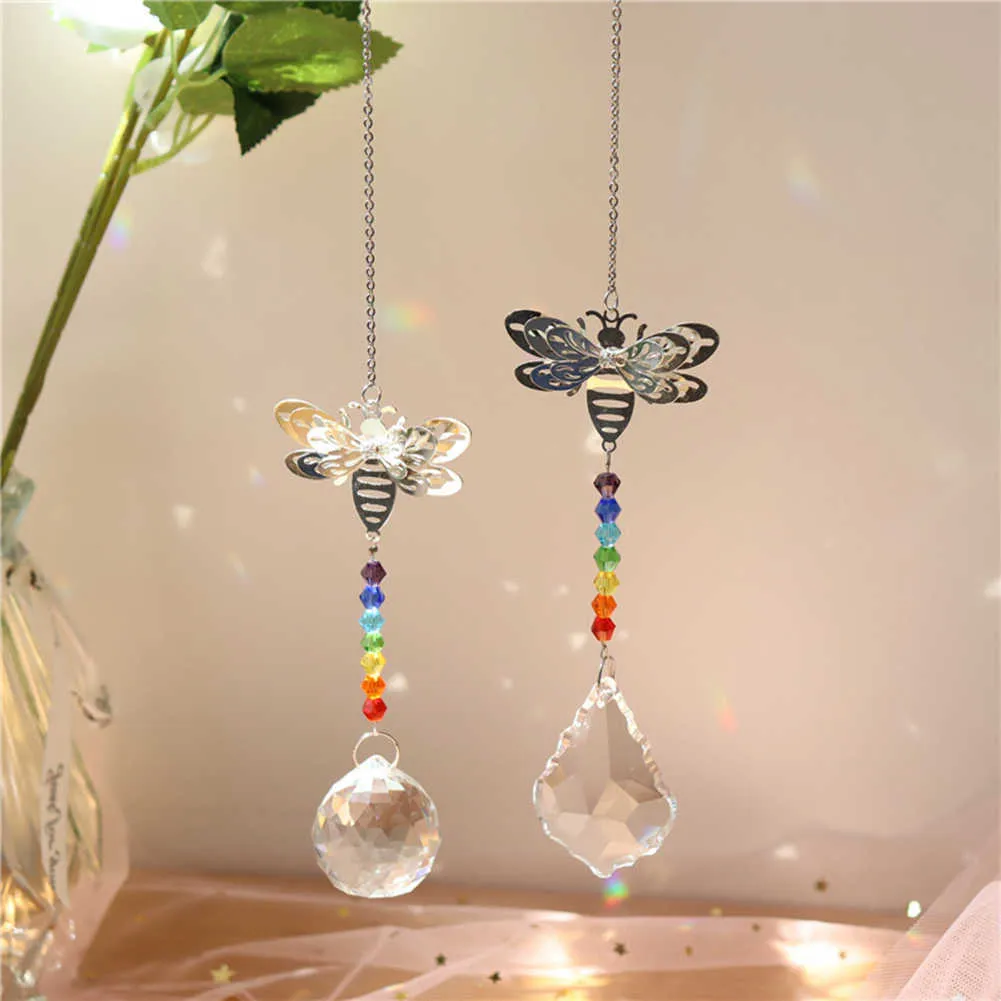 Metal Bee Crystal Sun Pendant Colorful Beads Hanging Drop for Outdoor Indoor Garden Window Wedding Chandelier DIY Decor Q0811