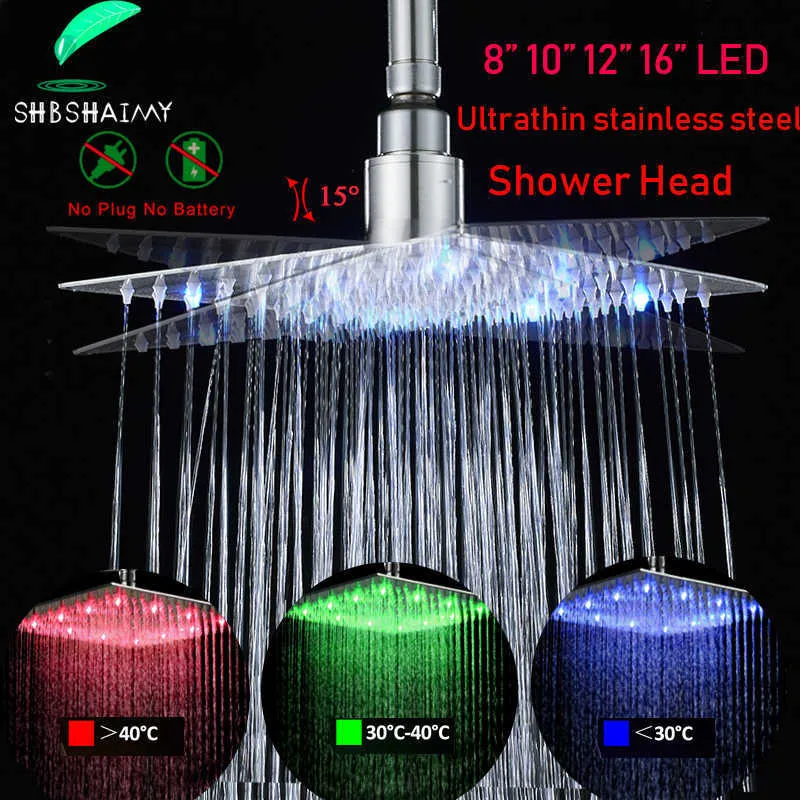 SHBSHAIMY, grifo de lluvia cromado LED, cabezal de ducha, grifo de baño, superficie de aceite cuadrada de acero inoxidable, rociador de bronce con sensor de temperatura 210724