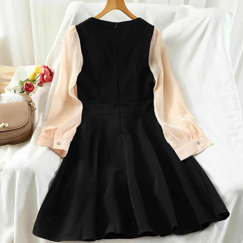 Korobov automne hiver maille volants doux velours robe coréenne bureau dame robes noires Vintage simple boutonnage élégant Vestidos 210430