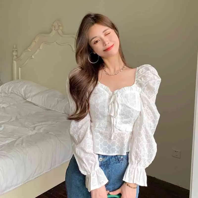 Weiß Solide Blusas Mujer Puff Hülse Frühling Elegante Süße Vintage Shirts Damen Tops Koreanische Kurze Blusen Frauen 210415