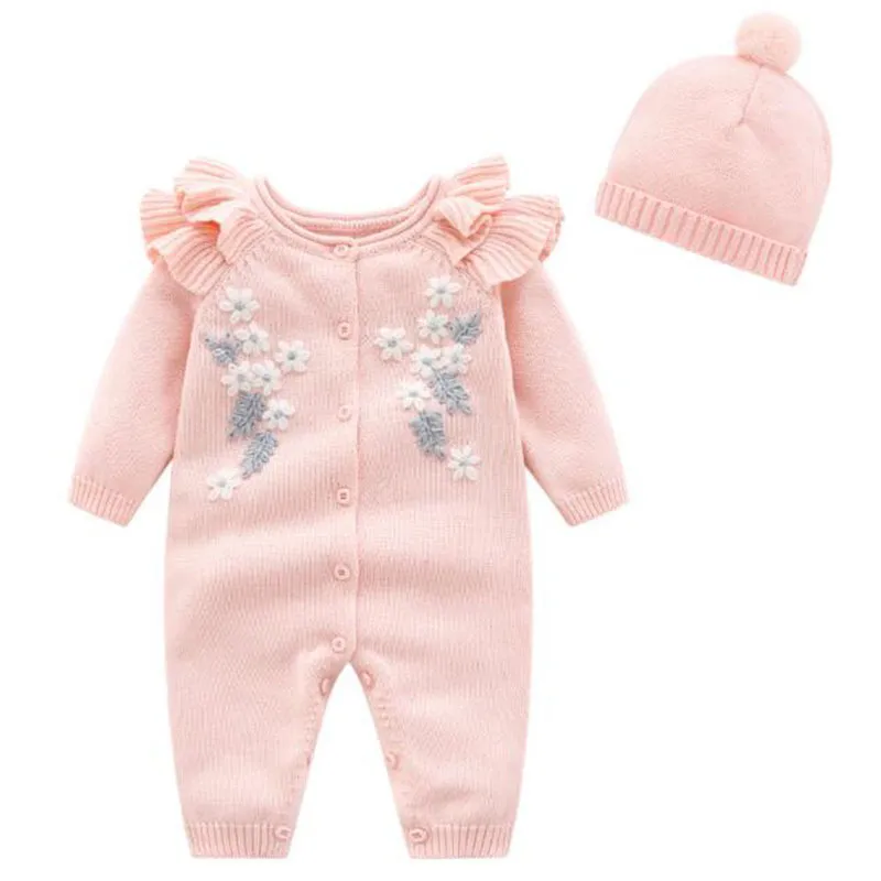 Kids Spring Autumn Girl Embroidery Rompers + Hat Baby born Clothes 210429