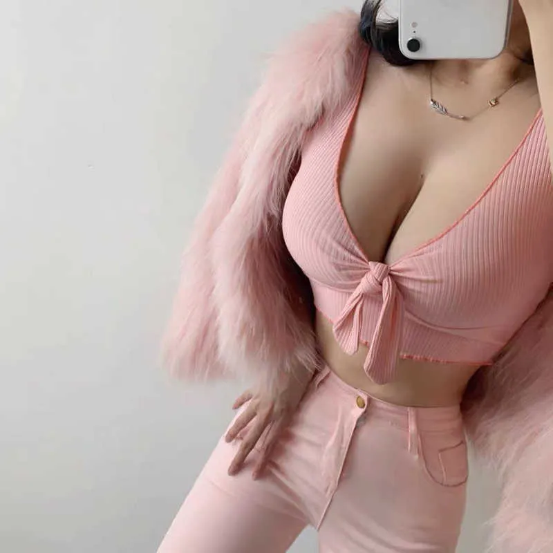 Tiefer Brust-V-Ausschnitt-Top für Damen, sexy Nachtclub-Stil, ärmellos, schulterfrei, kurzes Tanktop mit ausgeschnittener Schnürung, rosa T7Y8 210603