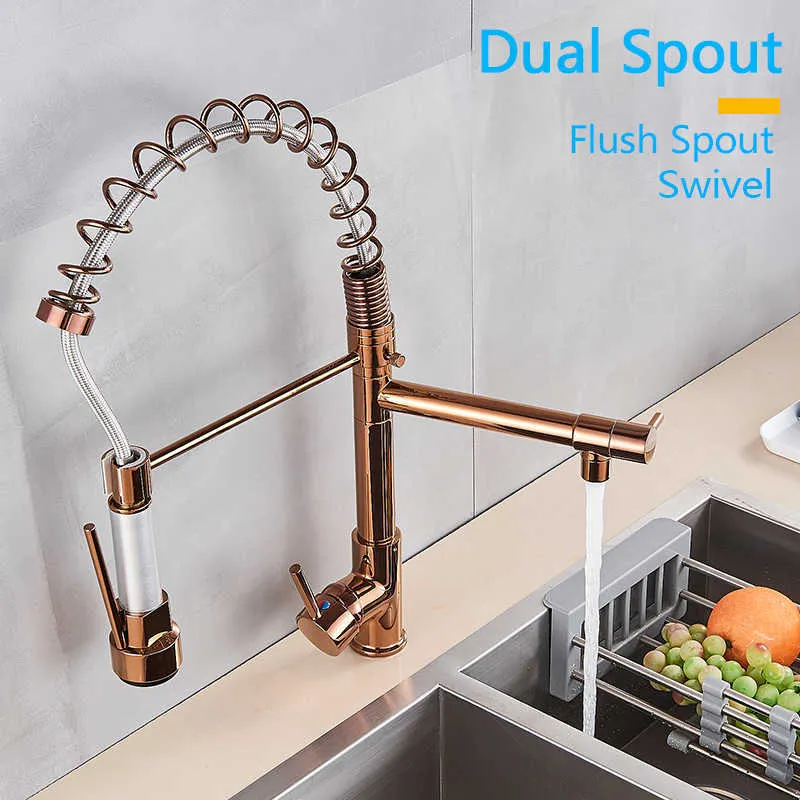 Rozin LED Light Kitchen Faucet Rose Gold LED Pull Down Spring Kitchen faucets Dual Swivel Spout Crane Cold water mixer Taps 211108