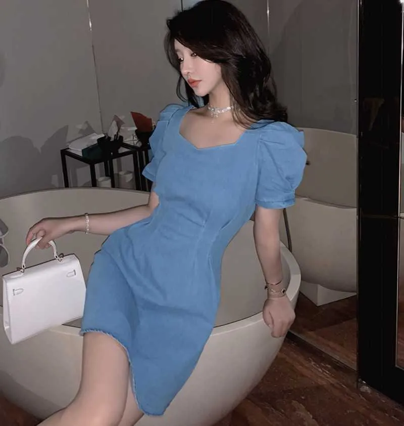 Summer Retro Denim Dress Coreano A-line Manica a sbuffo Solid Elegante Slim Short 210531
