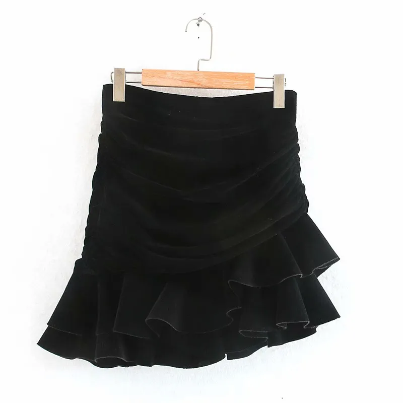 Vrouwen herfst fluwelen pakken 2-delige sets vintage zwarte blazers en geplooide mini-rokken vrouwelijke mode twee-stuks sets kleding 210513