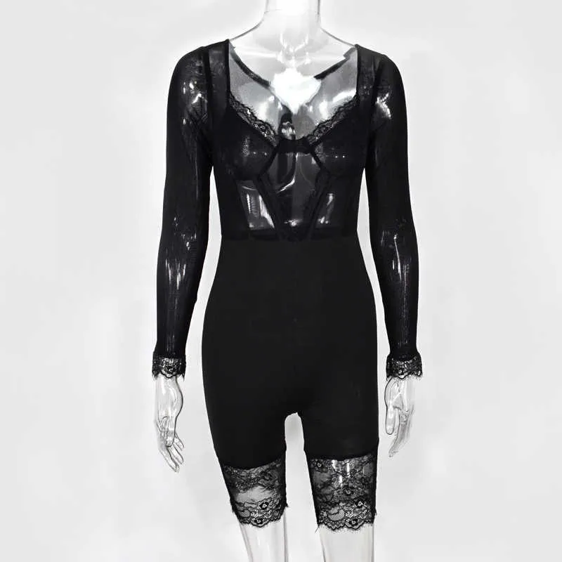 Colysmo Floral Lace Sexy Playsuit Women Black Long Sleeve See Through Zipper Bodycon Romper Party Jumpsuit Lady Skinny Playsuits 210527