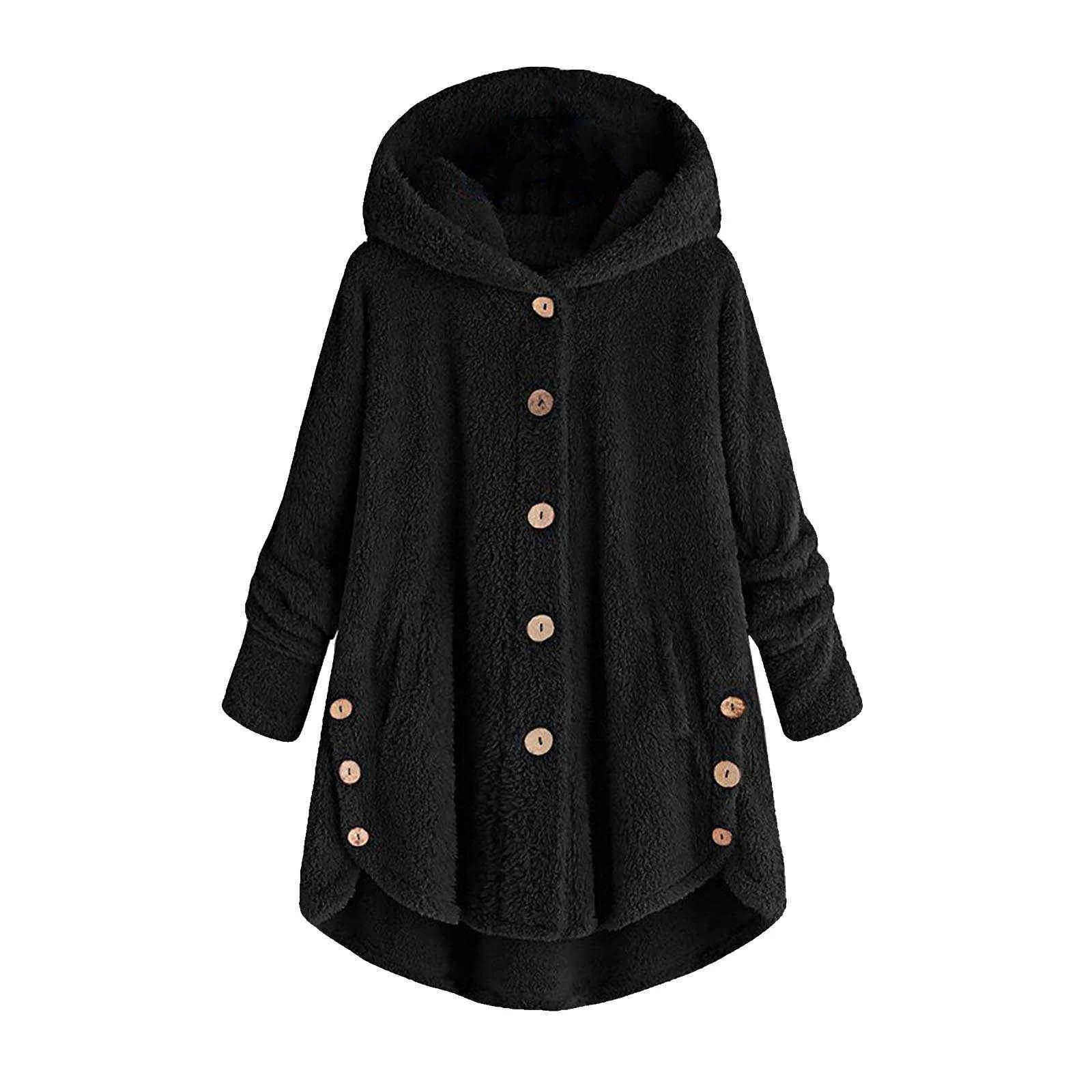 Giacca in lana cappotto invernale da donna taglia grande con bottoni spessa giacca a tre petti in peluche cardigan ampio con cappuccio tinta unita 211118