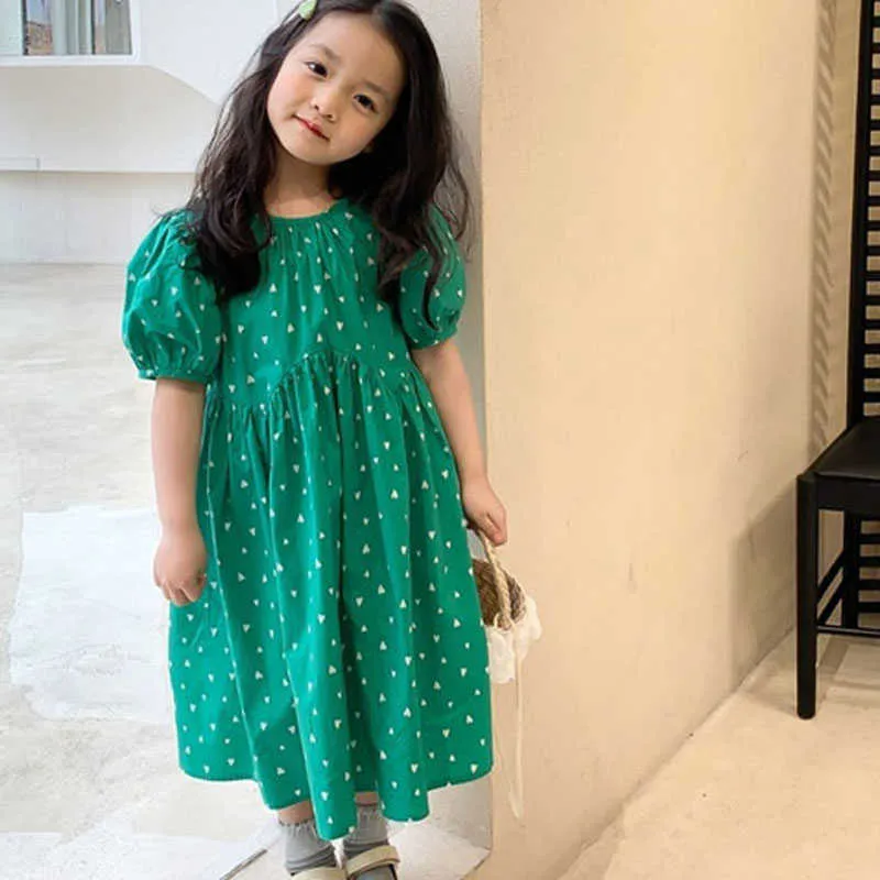 Summer Girls Dress Fresh Style Love Printed Puff Sleeve Princess Baby Kids Clothes Children'S Clothing 210625