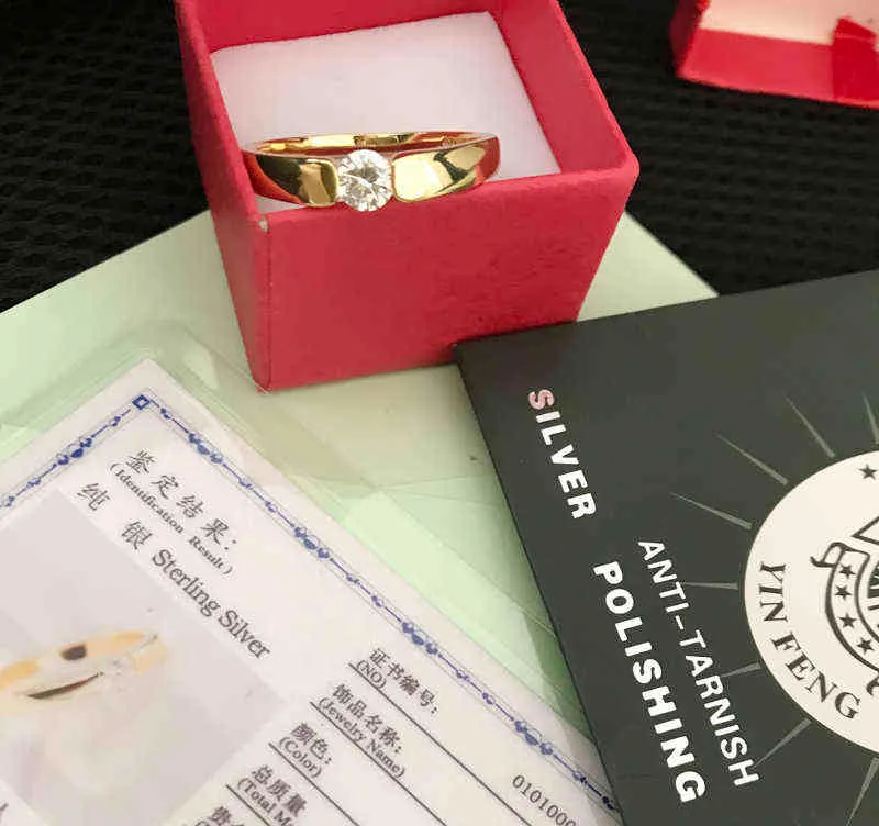 Yanhui 100% Original 925 Solid Silver Golden Engagement Bröllop Ringar Med Kubik Zirconia Fina Smycken För Män Kvinnor R16 211217