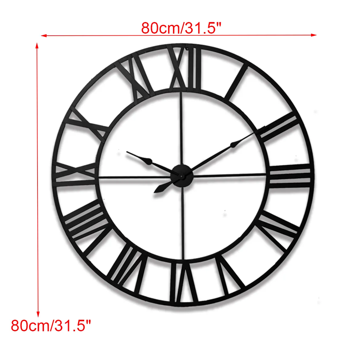 80 cm Modern 3D Large Retro Black Iron Art Hollow Wall Clock Roman Numerals Home Decor 210414