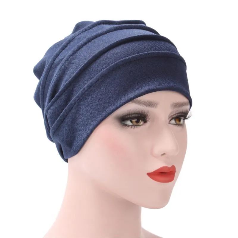 Bonnet / Skull Caps Femmes Double Couche Chapeau Chaud Perte De Cheveux Solide Foulard De Tête Étiré Fold Design Chemo Cap Coton Bandanas Musulman Hijab Turban