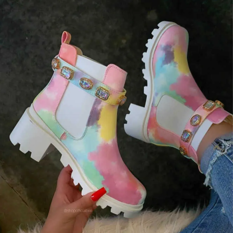 2021 Crystal Ankle Boots For Woman Belt Buckle Real Leather Chelsea Boots Chunky High Heels Runway Platform Motorcycle Boots Y0914