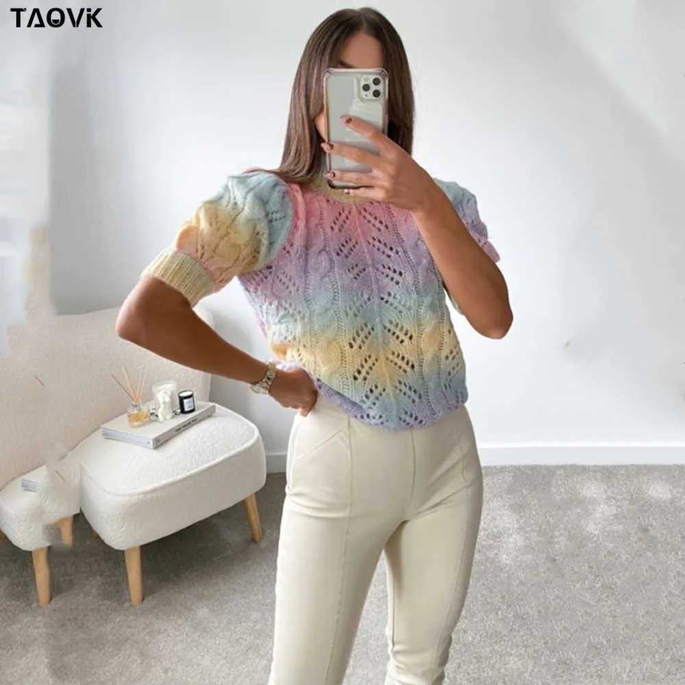 TAOVK Tie Day Knitted Sweater Female Rainbow Kawaii Pullover Women Short Sleeve O-neck Candy Outwear Female Sweet Top Jumpers 210806