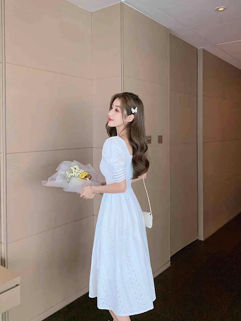 Лето элегантное белое олово кружевное платье женские повседневные квадратные воротничка выладьте тонкую линию высокой талии офисные платья 210514