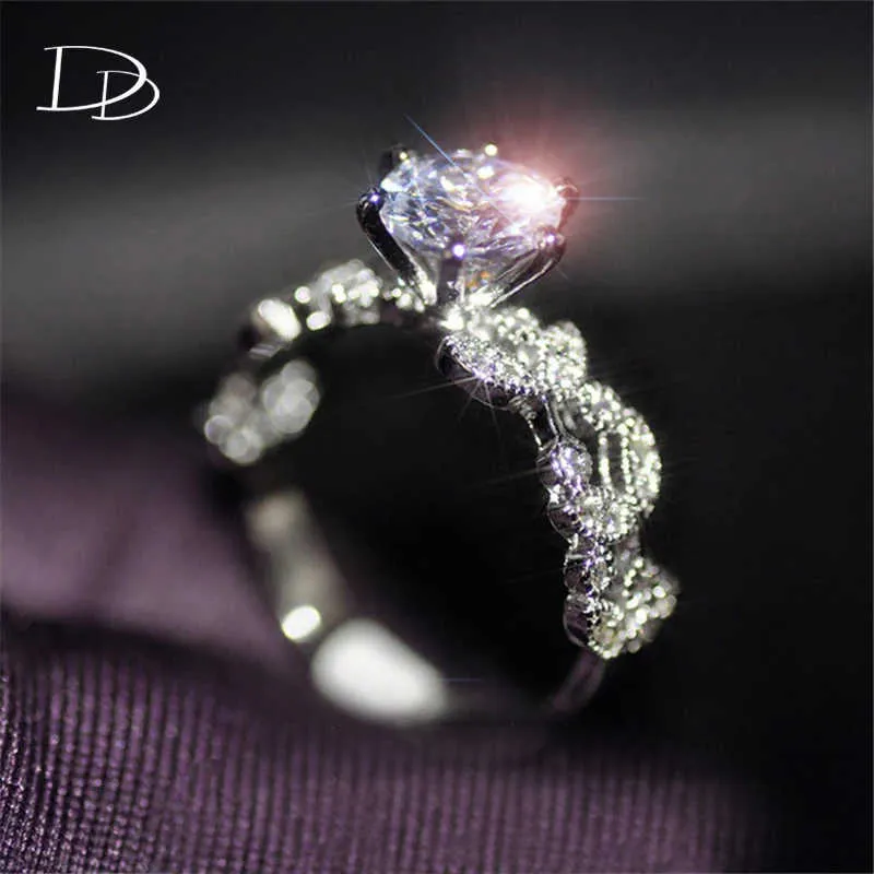 1.5 Carat AAA Zircon Jewelry Wedding Engagement Rings For Women Vintage Silver Color Band Rings Anel Crystal Bague Leaves Dd097 X0715