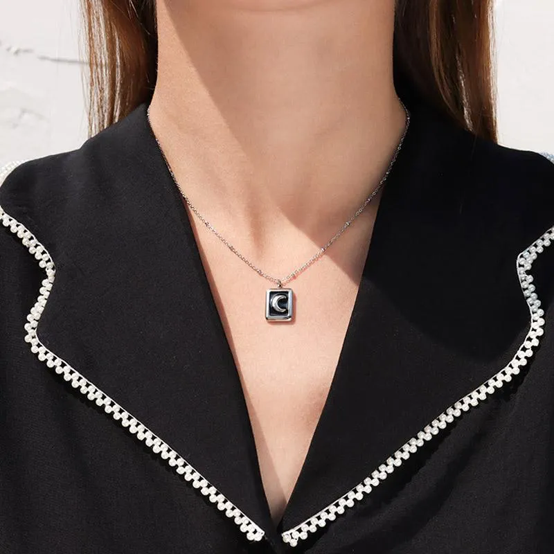 Vintage Square Pendant Black Baroque Moon Crescent Clavicle Necklace Femme Stainless Steel 18 K Plated Chain Collar Necklaces325x