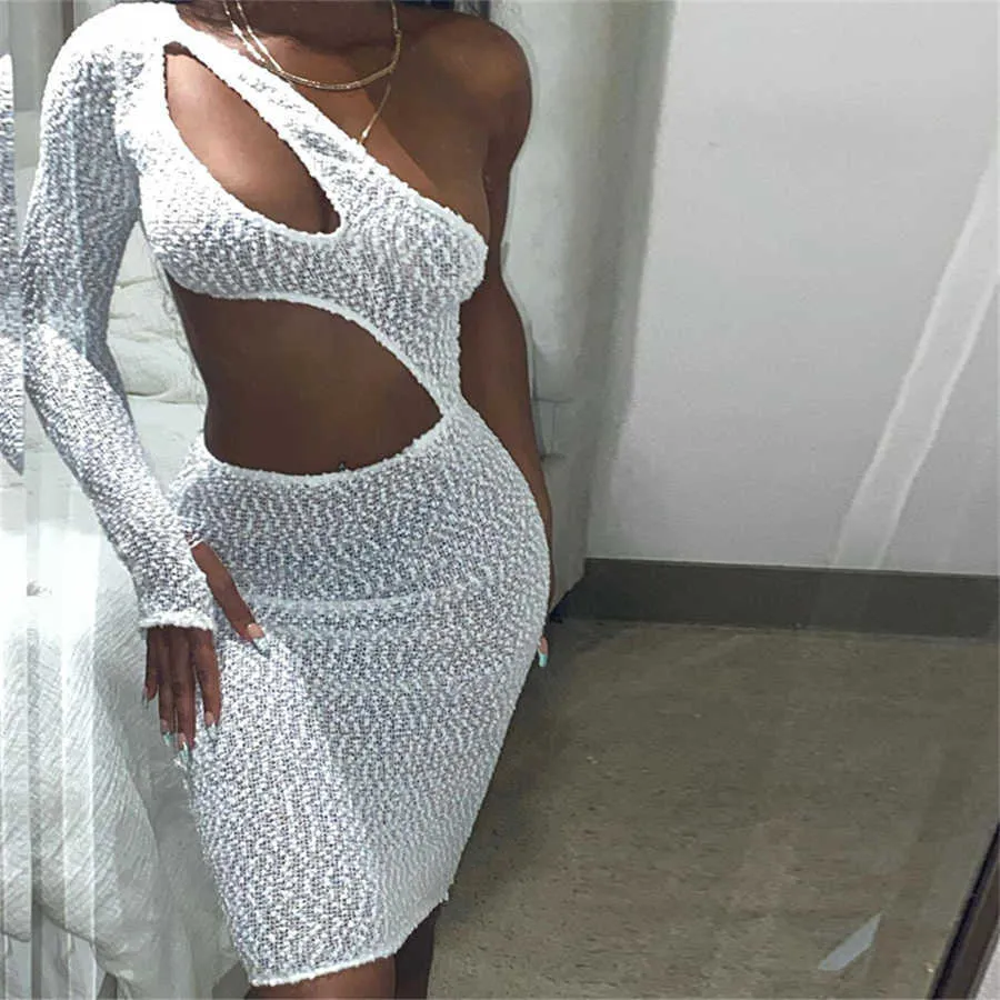 Irmerlinda sexy oco de tricô irregular mini vestido mulheres de um ombro de manga comprida tendência elástica do bodycon clubwear vestido y1006